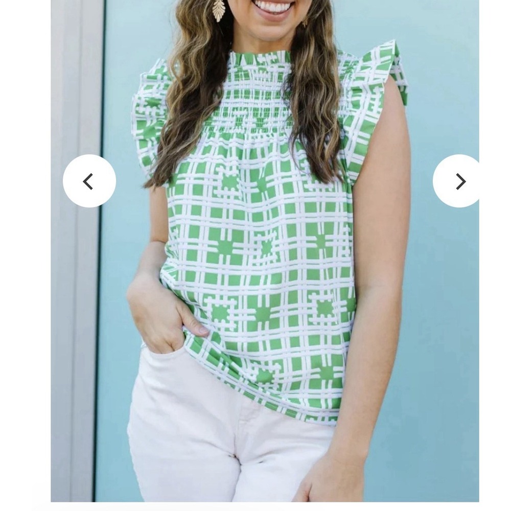 Michelle McDowell Kelly Green Bamboo Trellis Flutter Sleeve Smocked Blouse L